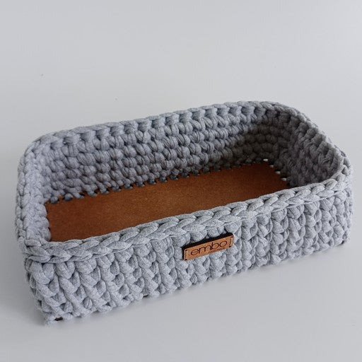 Shallow Rectangle Crochet Basket with Wooden Base