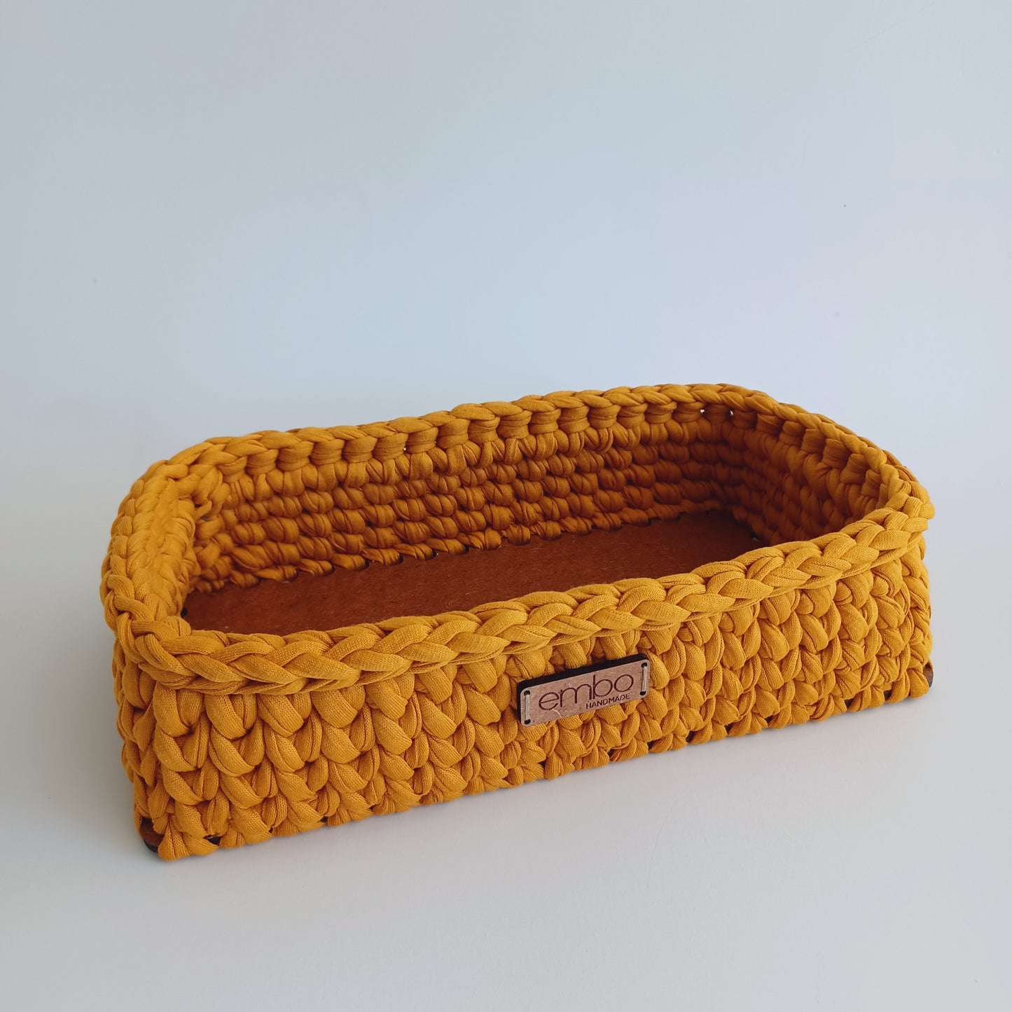 Shallow Rectangle Crochet Basket with Wooden Base